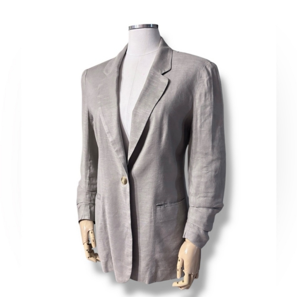 MAGASCHONI Grey Single Button Linen Blend Blazer with Pleated Sleeve